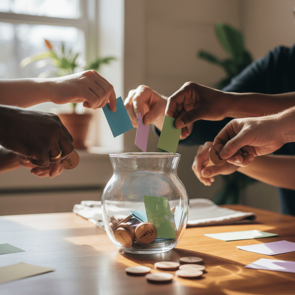 Diverse hands coming together around a transparent donation vessel in natural sunlight, symbolizing community support and charitable giving
