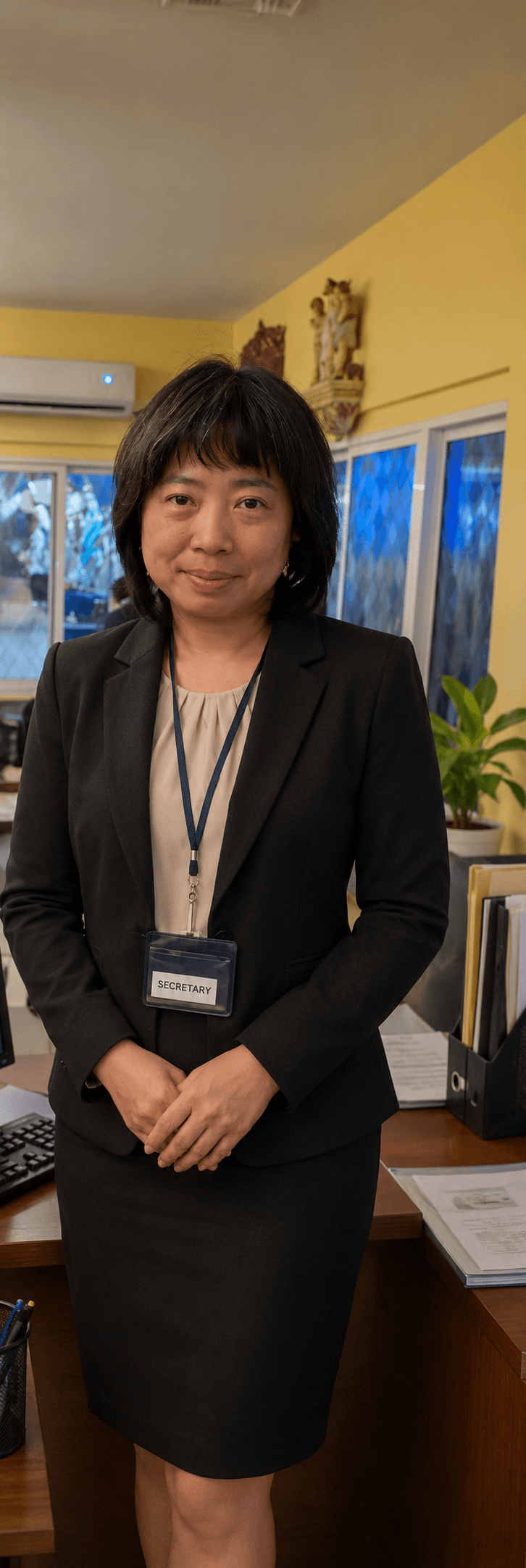 Asian woman in a black suit wearing a secretary badge standing in an office.