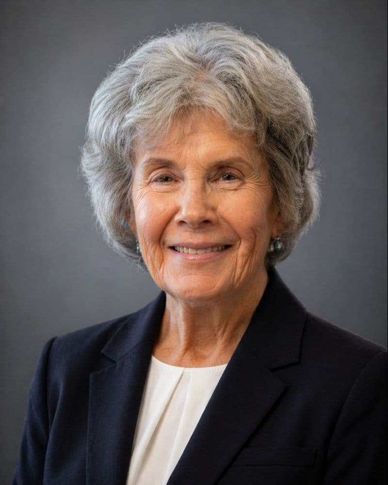 Smiling senior woman with short grey hair wearing a dark blazer and white top.