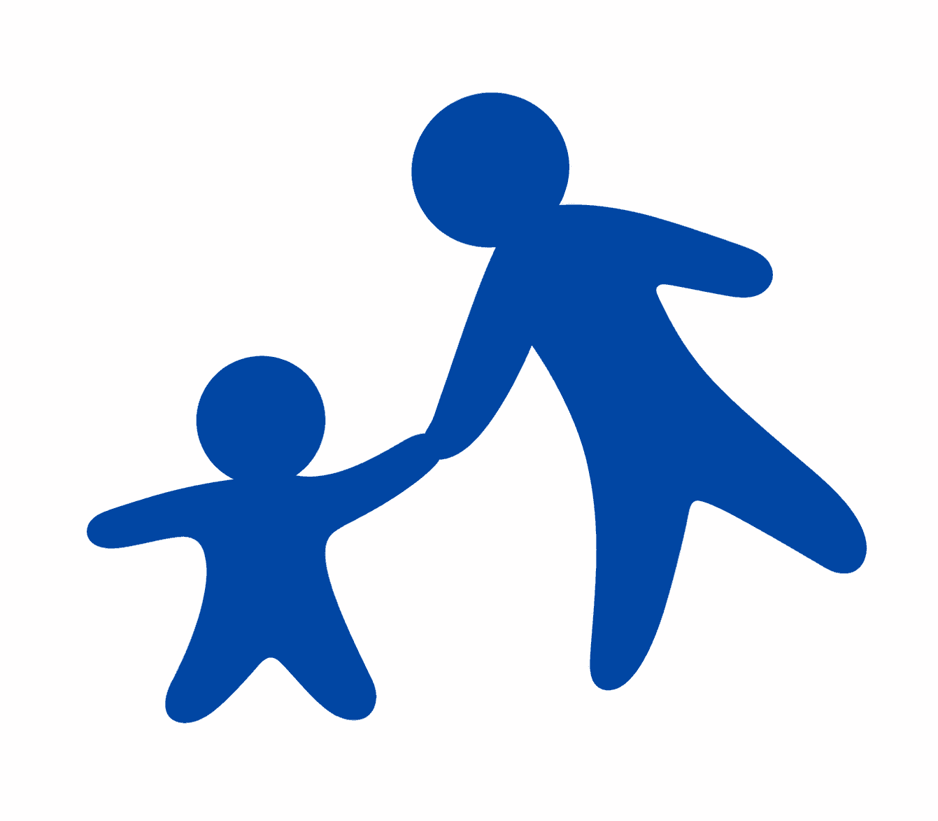 Blue silhouette of an adult and child holding hands against a solid white background.